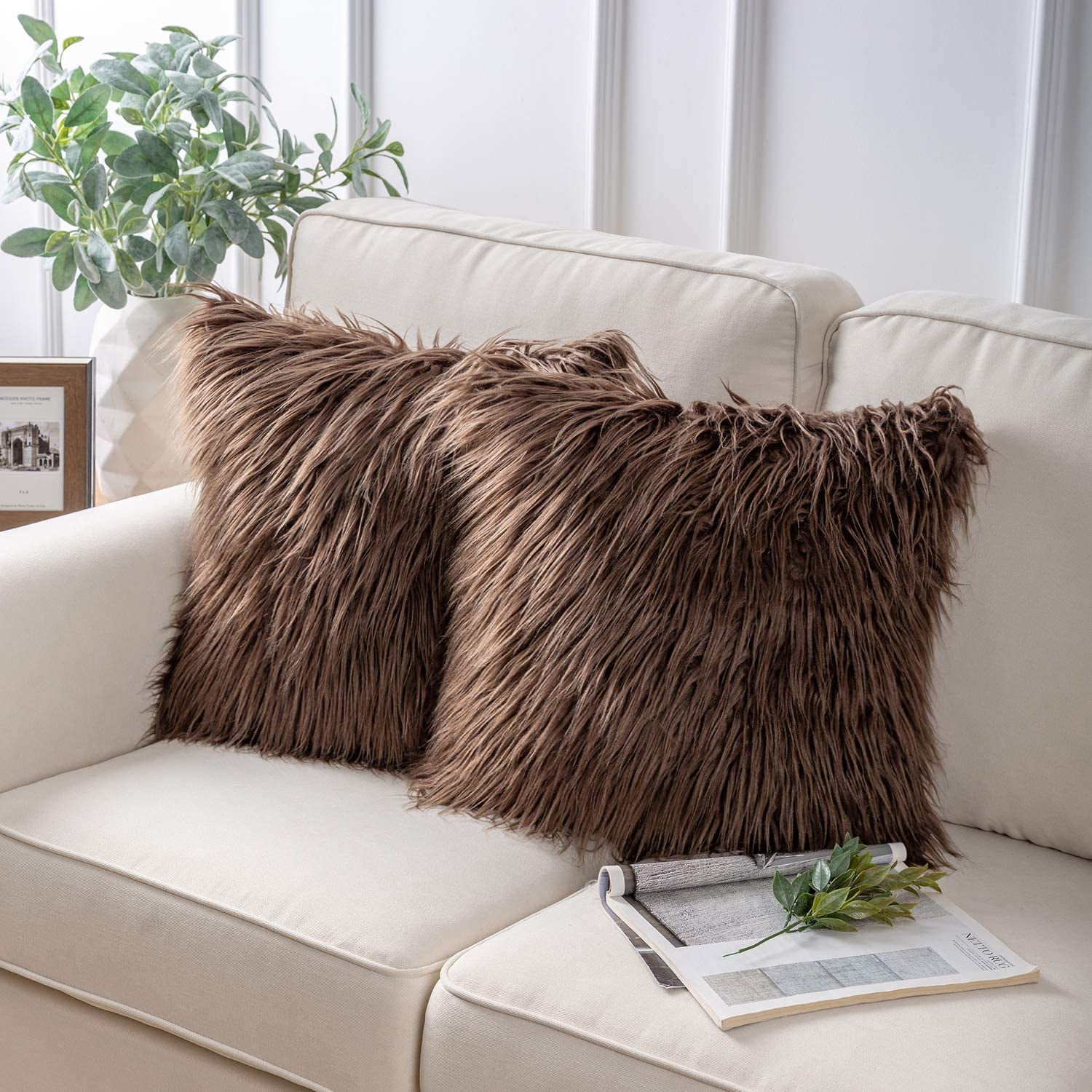 HTOOQ Pack of 2 Faux Fur Throw Pillow Covers Cushion Covers Luxury Soft Decorative Pillowcase Fuzzy Pillow Covers for Bed Couch Coffee 20 x 20 Inches Walmart