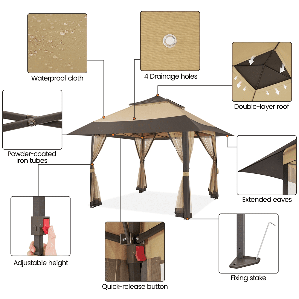 Renwick 13×13 Ft Pop Up Gazebo Tent with Four Mesh Sidewalls, Khaki/Brown