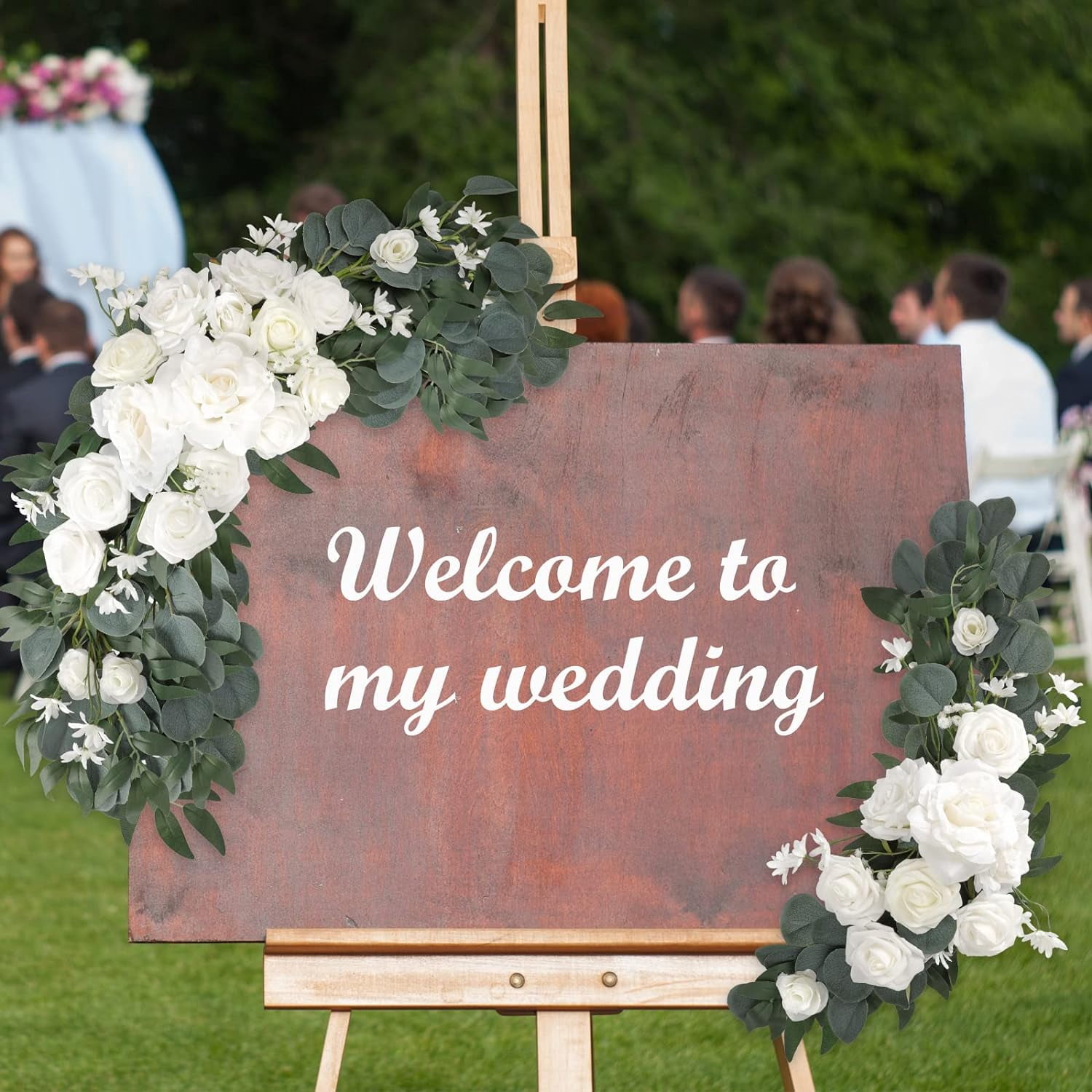 Artificial Wedding Arch Flowers Kit Wedding Arch Decor White Rose Flower Swag Arrangements for Wedding Reception Backdrop Table Decorations Welcome Sign (Pack of 3)