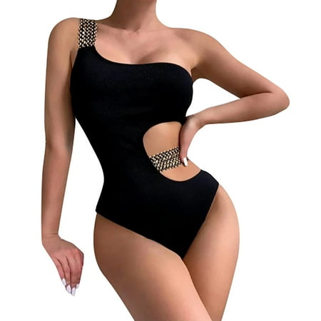 IDALL One Piece Swimsuit Women Swim Suits for Women 2025 Women s Solid Color Swimsuit With High Waist And Hollow One Shoulder Bathing Suit High Waisted Bikini Sets Black S