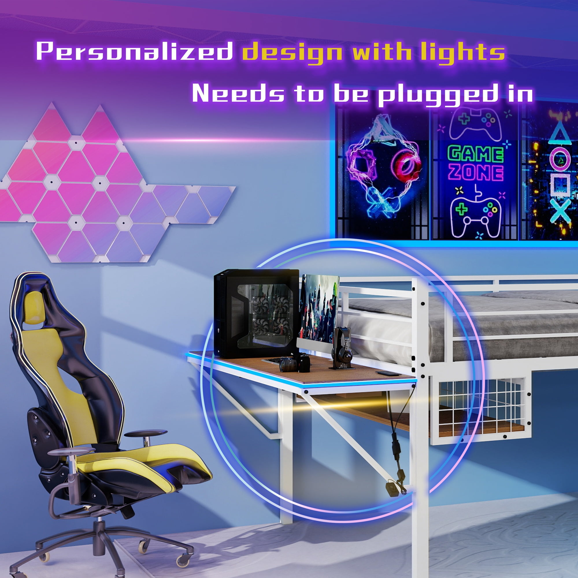 Alvantor Loft Bed Full Size with Desk & LED Strip, Metal Bed Frame with Inclined Ladder for Kids/Teens, No Box Spring Needed White