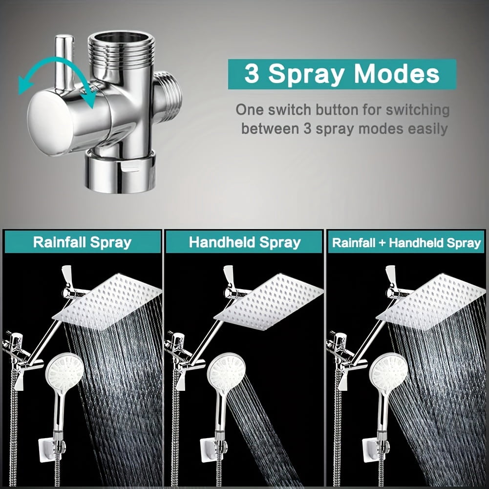 Shower Head with Hose, 8'' High Pressure Rain Shower Head, Handheld Shower Head Combo with 11'' Extension Arm, 9 Spray Settings Adjustable Shower Head with Holder, Height/Angle Adjustable, Chrome