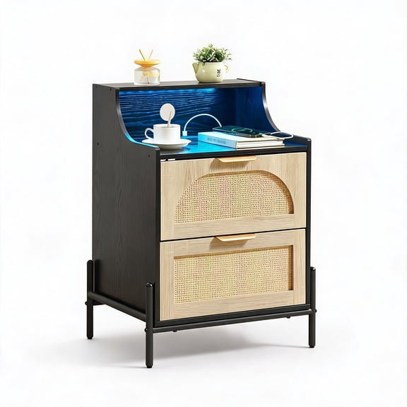 Rattan Nightstand with Charging Station & LED – Natural Wood Bedside Table, 2 Rattan Drawers, Open Shelves – Modern End Table for Bedroom Living Room