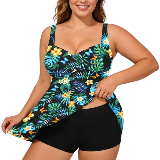 Riforla Swimsuits for Women Plus Size Tankini Swim Top with Supportive Underwire Adjustable Straps Print or Solid Color Swimming Suits for Women Blue2 XXXL