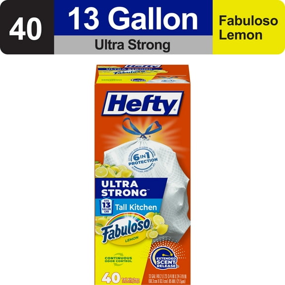 Hefty Ultra Strong 13 gallon Trash Bags, Tall Kitchen Trash Bags, White, Fabuloso Lemon Scent, 40 Bags
