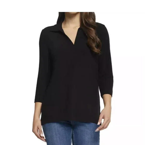 Matty M Ladies Collared 3/4 Sleeve Pullover Top (Black, X-Small)