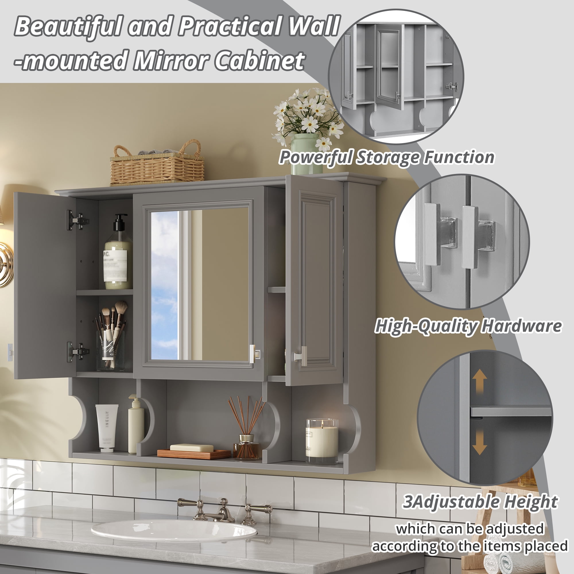 Euroco 35'' x 28'' Wall Mounted Bathroom Medicine Cabinet, Modern Bathroom Wall Cabinet with Mirror, Mirror Cabinet with Open Shelves