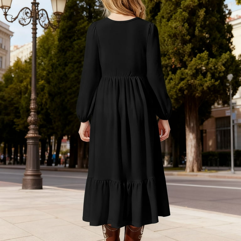 Haotags Teen Girls Spring Fall Dress, Long Sleeve Midi Dress with Smocked Waist for Holiday Party Black 8-9Years, Girl's