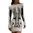 thumbnail image 2 of Costeam Womens Halloween Skeleton Print Bodycon Mini Dress Crew Neck Long Sleeve Floral Lace Detail Gothic Slim Fit Party Club Short Costume Dresses, 2 of 5