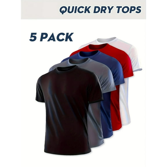 5-Pack Men's Summer Round Neck Quick-Dry Short Sleeve T-Shirts - Moisture-Wicking, Soft, Comfortable, Suitable for Daily Sports and Leisure