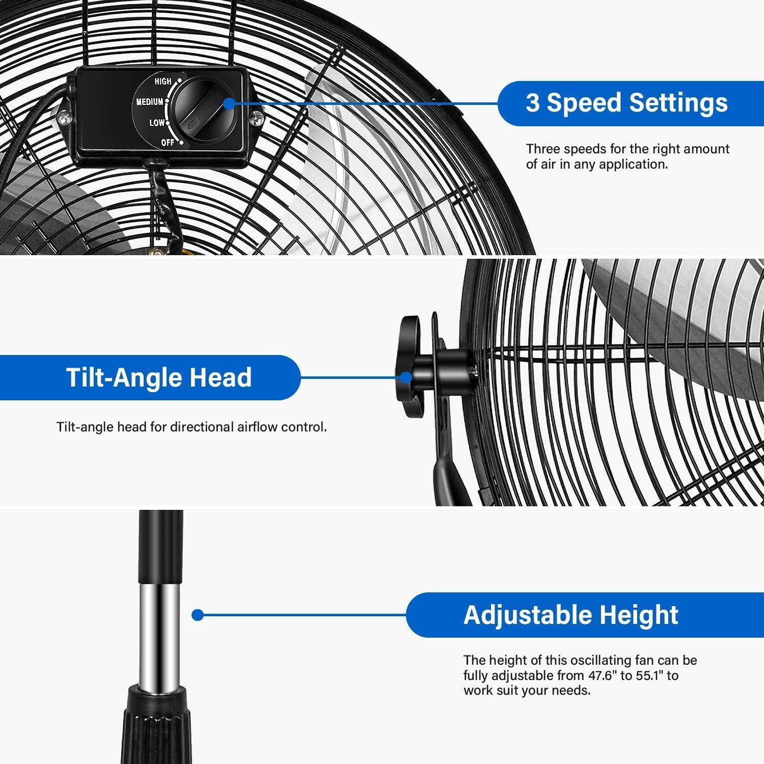Canddidliike 20" Silent Oscillating Pedestal Fan Black for Home Office, Commercial Use