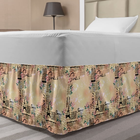 Modern Bed Skirt, French Paris Themed Lettering with Floral Leaves Details Artwork, Elastic Bedskirt Dust Ruffle Wrap Around for Bedding Decor, 4 Sizes, Blue Black and Pale Pink, by Ambesonne
