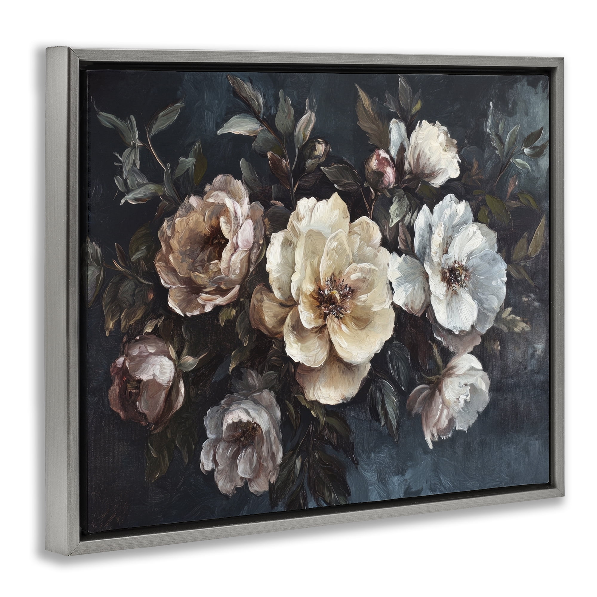 Stupell Industries Bold Vintage Blooms Plants & Flowers Painting Gray Floater Framed Canvas Art Print Wall Art, 21 x 17