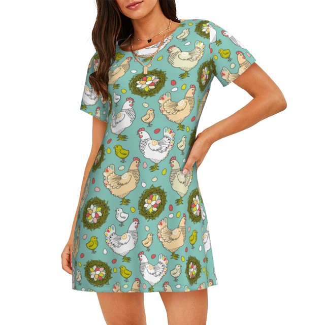 Vsdgher Chemise de Nuit à Manches Courtes pour Femmes Motif Poule Pond des Oeufs Col Rond Mignonne Robe de Nuit à Volants Confortable