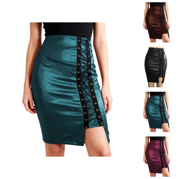 Leather Pencil Skirt for Women High Waisted Lace Up Bodycon Side Slit Faux Leather Mini Skirt