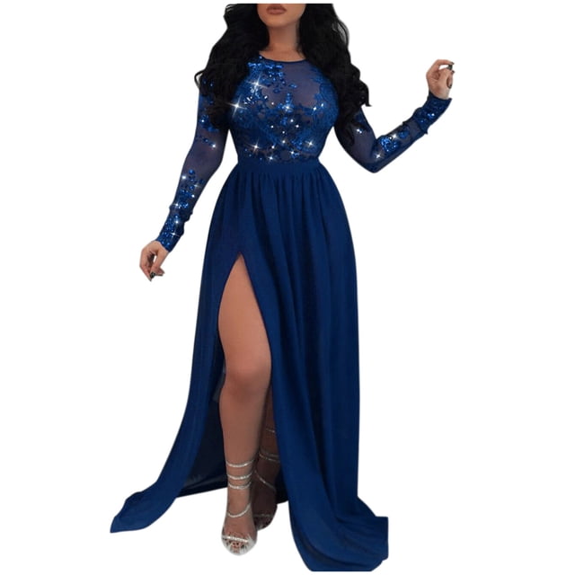 Gibobby Vestidos de fiesta largos elegantes Mujeres Sexy Color sólido Sin mangas Halter Back Open Back Lentejuelas Encaje Lentejuelas Split Vestido(Azul,G)