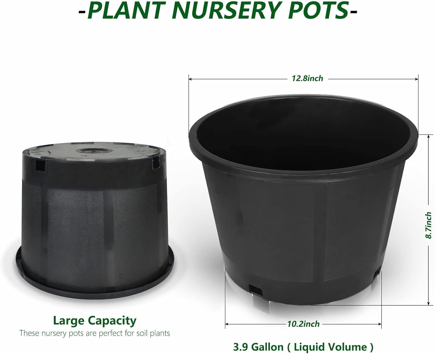10-Pack 3.9 Gallon Round Planter Nursery Pots, Flower - Container - Molded Plastic Nursery Pots Gardening Pots for Indoor Outdoor Vegetables, Succulents, Black
