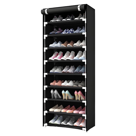 HioHa 9-Tier Shoe Rack with Dustproof Cover, Holds 27 Pairs, Space Saving Organizer for Closet, Entryway, Non-Woven Fabric, 63 Inch Height, Black