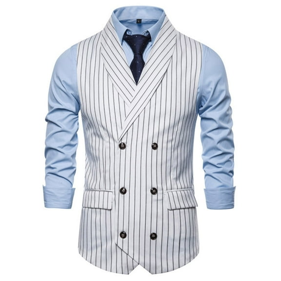 WUWUQF Vest for Men Double Breasted Pocket Striped Suit Business Wedding Waistcoat Jacket Top Coat Sleeveless White (Excluding shirts)