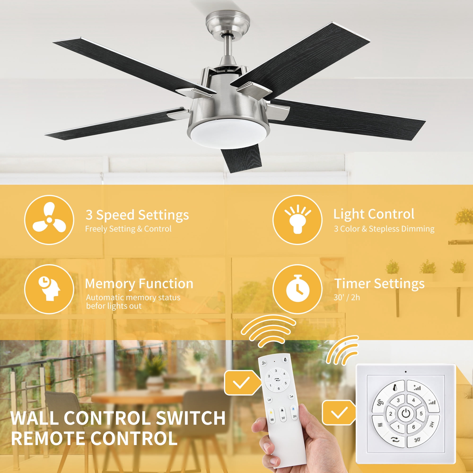 DWVO 52in Modern Ceiling Fan with Light, Quiet Reversible Motor, Dimmable LED 3-Color, 6-Speed 5 Blades Memory Function for Bedroom Living Room Patio Indoor Outdoor,black