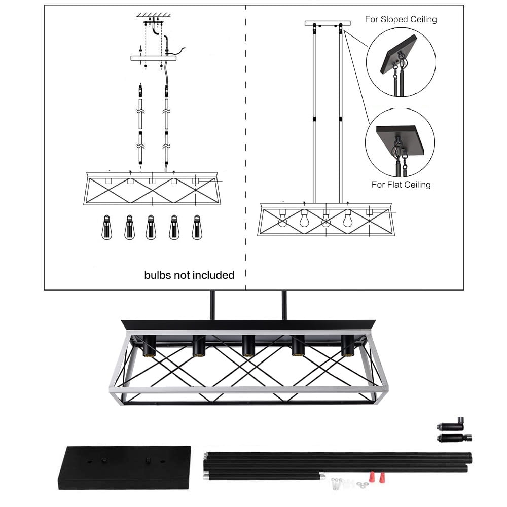 Black White Industrial 5-Light Pendant Chandelier 32 Inch, Metal Cage Design for Dining Room Kitchen, Black White