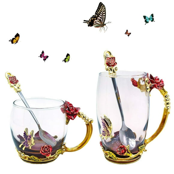 Glass Tea Cup with Spoon, Red Rose Enamel Handmade Flower and Diamond Butterfly Colorful Unique Gift Ideas Clear Glass Coffee Mugs Glass Cup Birthday Wedding 2pcs