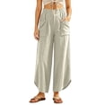 thumbnail image 2 of Oiangi Women's Wide Leg Pants Elastic Waist Curved Hem Ankle Pant Fall Casual Ruched Travel Trousers with Pockets White M, 2 of 6