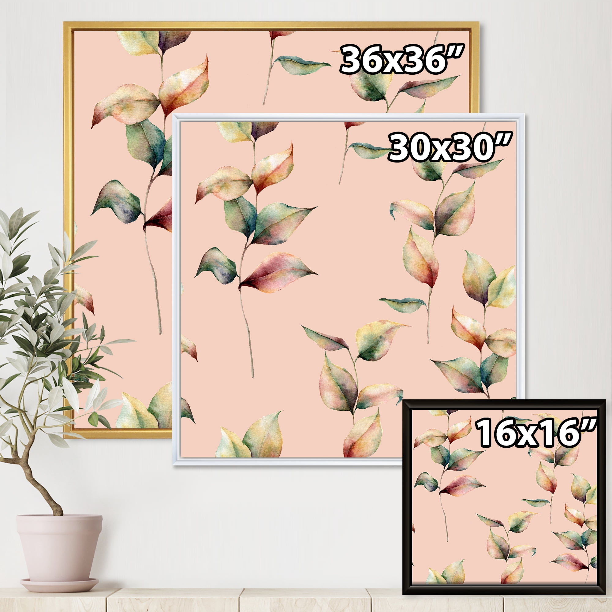 Designart 'Autumn Pink Leaves with Branch On Pastel Colors' Traditional Framed Canvas Wall Art Print