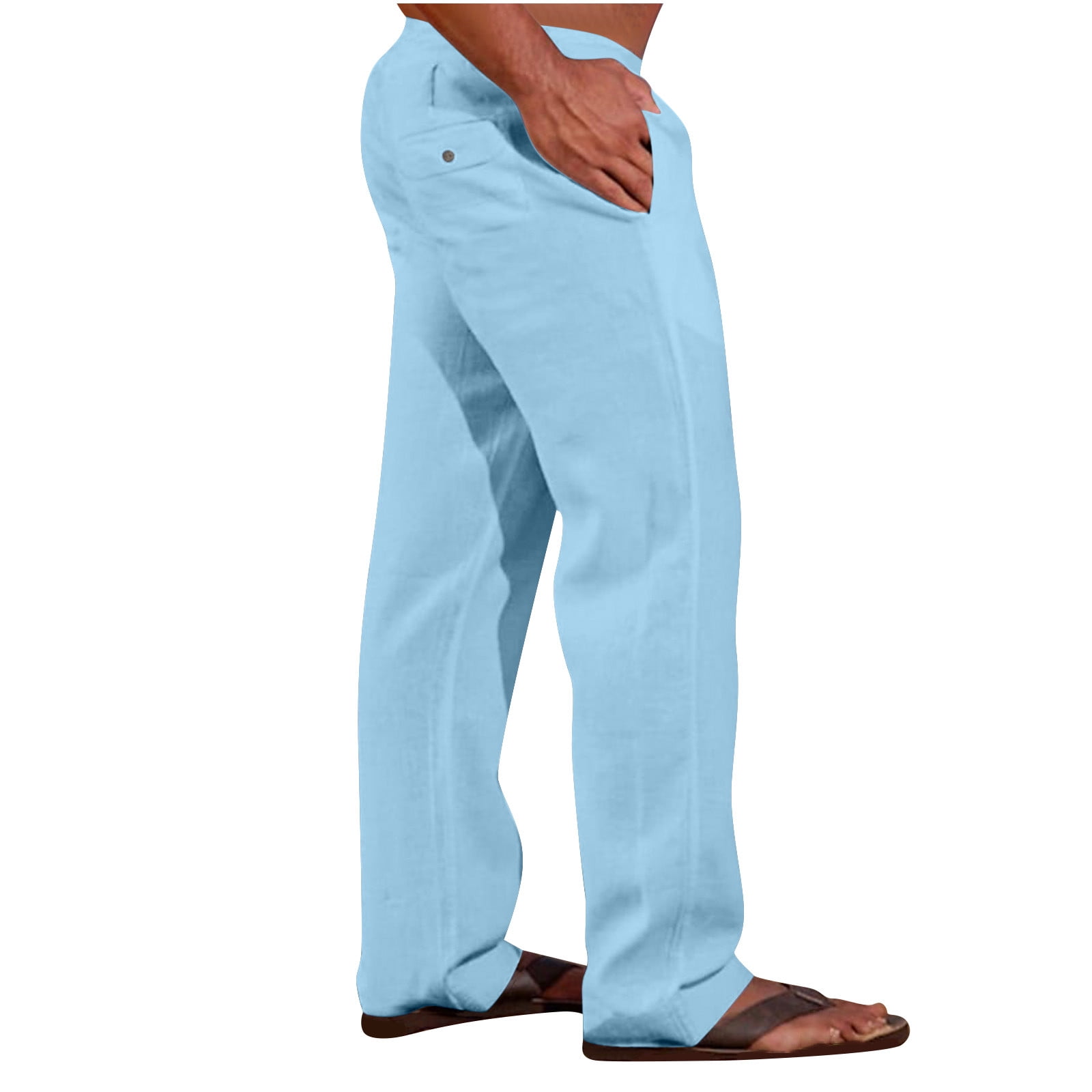 Uorcsa New Solid Casual Multiple Pockets Outdoor Straight Type Fitness  Pants Cargo Pants Trousers Sky Blue