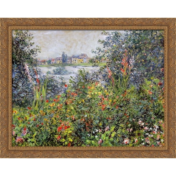 Flowers at Vetheuil 34x28 Large Gold Ornate Wood Framed Canvas Art by Claude Monet