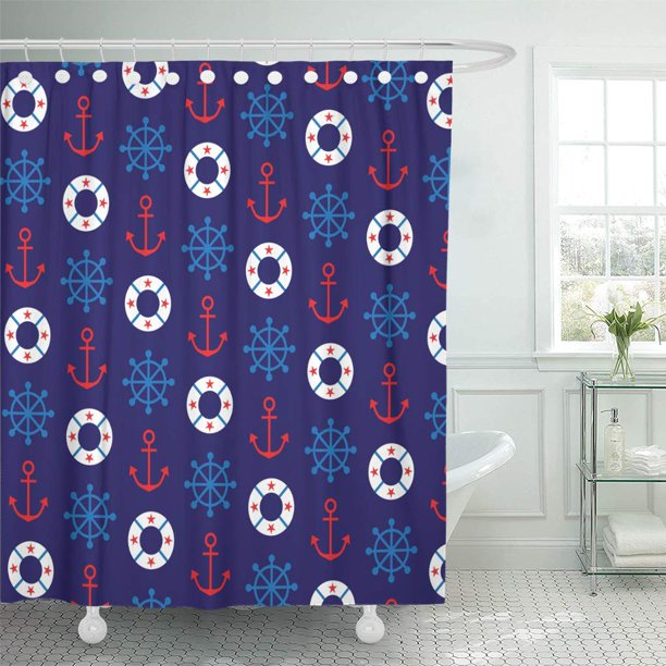 Cynlon American Nautical Pattern Anchor Background Life Blue Border Circle Clipart Bathroom Decor Bath Shower Curtain 66x72 Inch Walmart Com Walmart Com