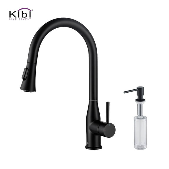 KIBI High Arc Pull Out Single Level Lead Free Brass Kitchen Faucet with Sprayer & Soap Dispenser