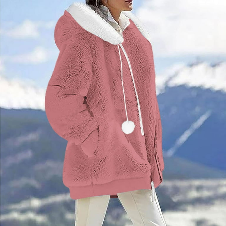 Winter Fuzzy Coats for Women Fleece Hooded Jacket Color Block