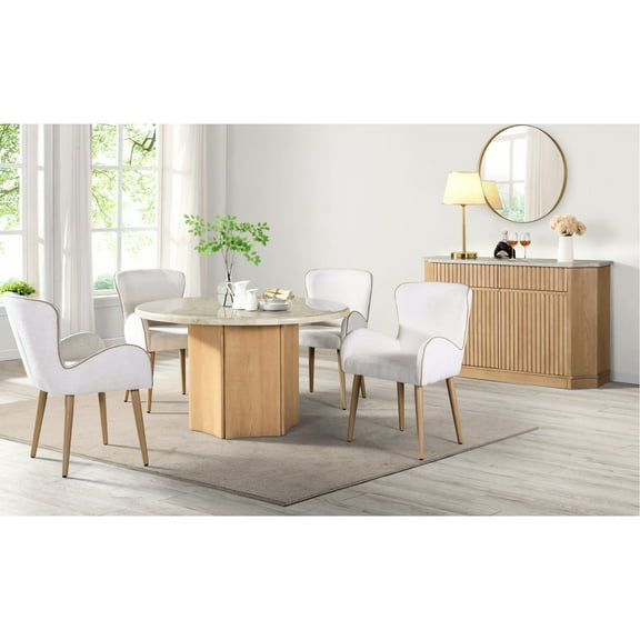 Natural Marble Top & Oak Finish Dining Table - Provides A And Elegant Eating Area Stylish Round With Fits Modern Interiors