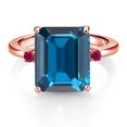 thumbnail image 2 of Gem Stone King 18K Rose Gold Plated Silver 12X10MM London Blue Topaz and 2MM Red Created Ruby 3 Stone Engagement Ring for Women | 7.60 Cttw | Gemstone November Birthstone | Size 6, 2 of 3