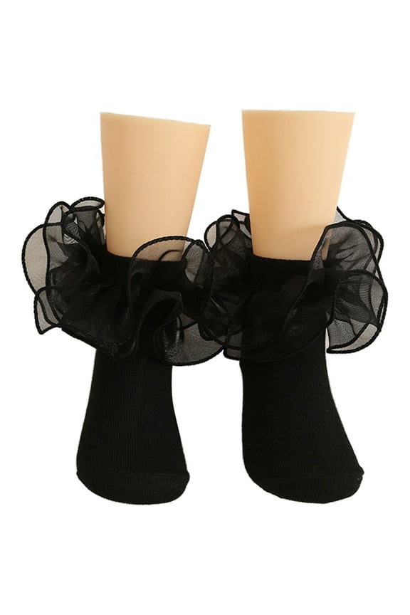 Baby Girls Ruffle Socks Double Lace Frilly Dress Socks Kids Turn Cuff Socks for Girls Black 0-10Y
