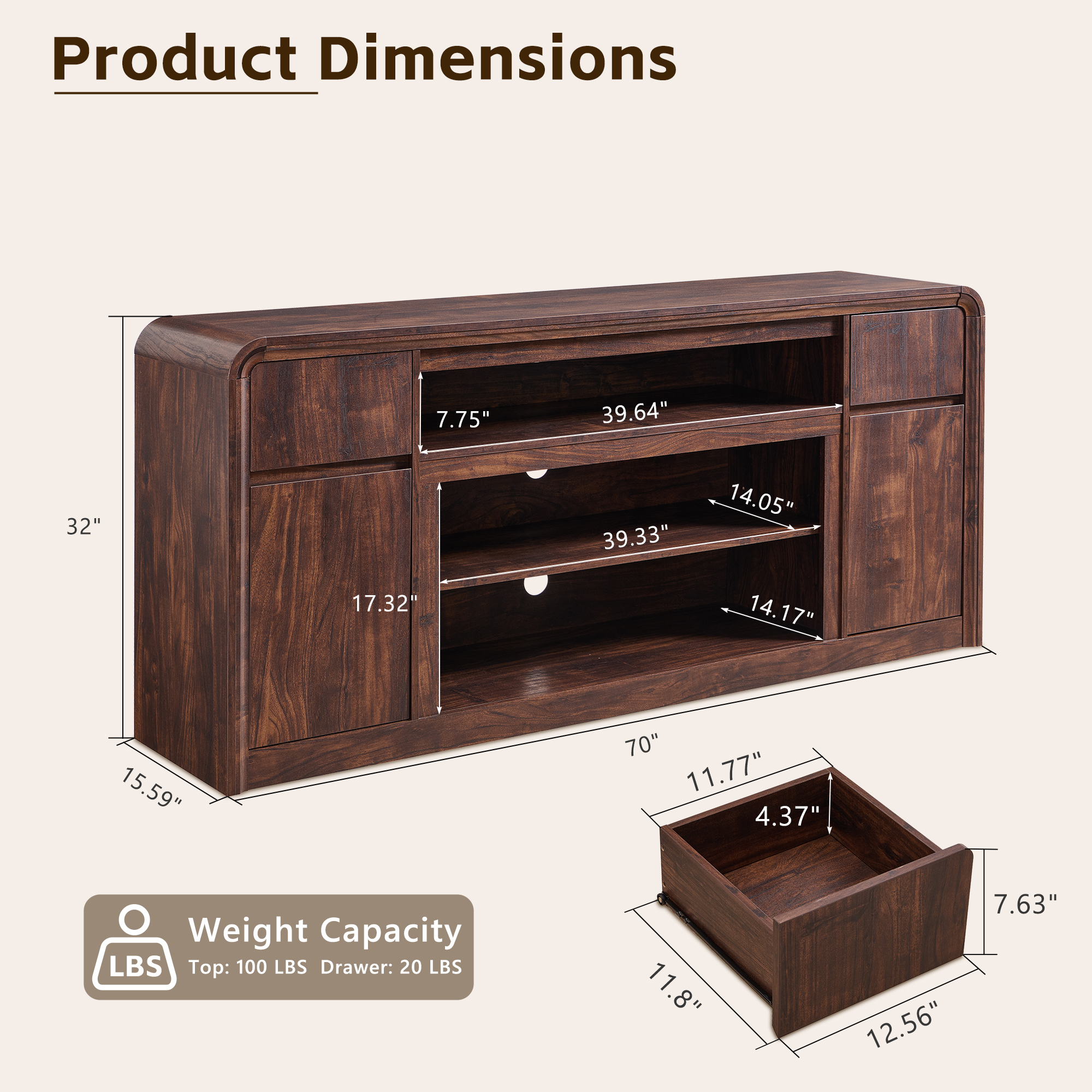 70" Modern TV Stand for TVs Up to 80 inch, 32" Tall Entertainment Center, Wood Media Console & Adjustable Shelves for Living Room, Curved Profile Design