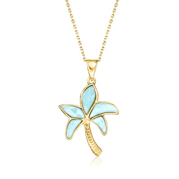 Ross-Simons Larimar Palm Tree Pendant Necklace in 18kt Gold Over Sterling, Women's, Adult