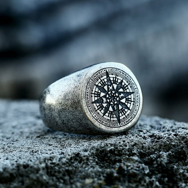 Anillo de acero inoxidable con brújula europea y americana para hombre y mujer, joyería de acero de titanio con brújula