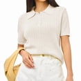 thumbnail image 2 of Women Hollow Knitted -Shirt Casual Short Sleeve Loose Lapel Solid Color Top White M, 2 of 9