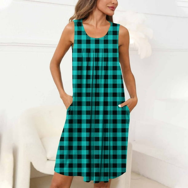 Camisón de mujer con estampado y bolsillos, sin mangas, plisado, cuello redondo