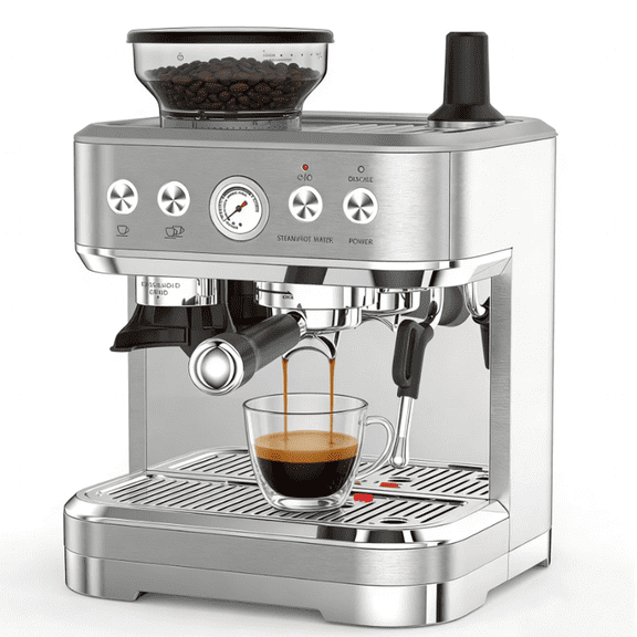 Lumiparty Stainless Steel Espresso Machine, Espresso Machine with Milk Frother and Grinder for Home Office Maker 2.5L Water Tank, 15 Bar, Silver