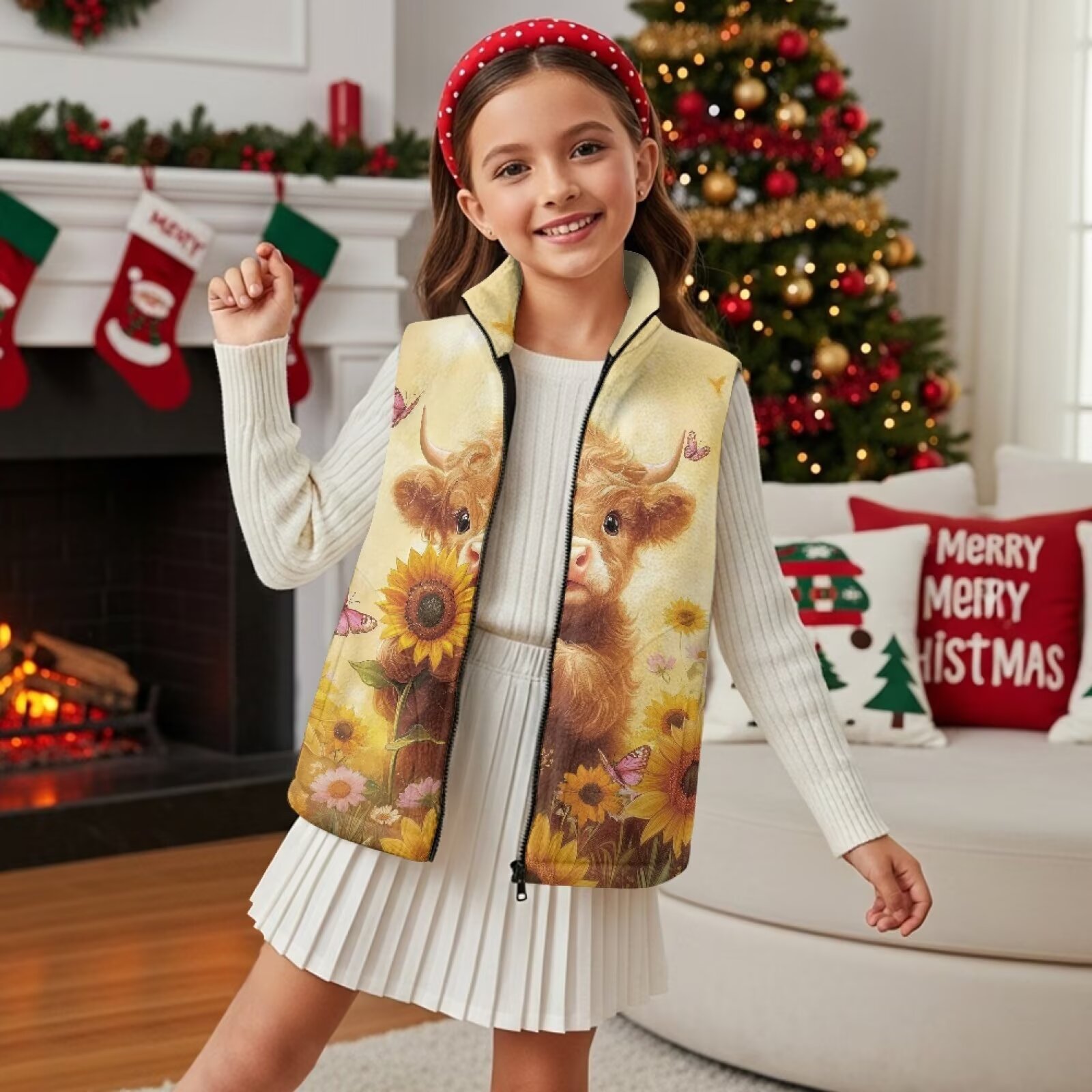 Uorisanigo Toddler Girls Boys Winter Fleece Vest Baby Highland Cow Sunflower Puffy Sleeveless Jacket with Pockets, Lightweight Full Zipper Outerwear Waistcoat for Fall Winter Layering