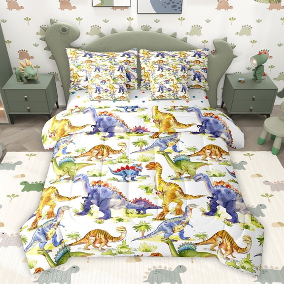 Homewish Cartoon Dinosaur Print Twin Bedding Sets 7-Piece, Tropical Coconut Tree Bedding Comforter Set, Teens Kids Boys Girls Reversible Sheet Sets, Ultra Soft Bedroom Decor