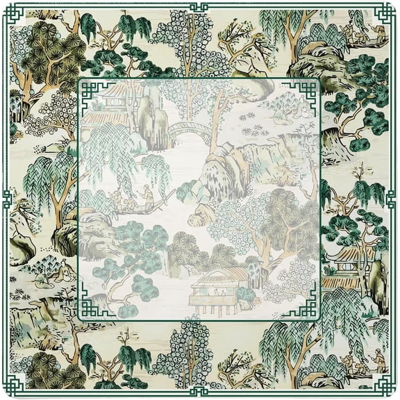 Green Chinoiserie Mahjong Mat 31.5 x 31.5in, Non-Slip Noise-Reducing for Mahjong & Table Games