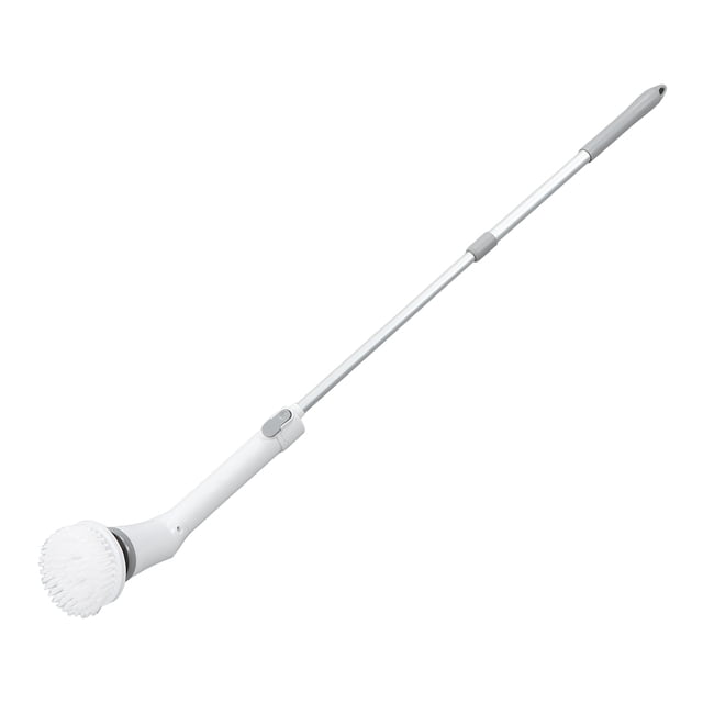 Electric Spin Scrubber, white shower spin scrubber with a telescopic rod and detachable brush head. Ideal for cleaning bathtubs, showers, floors, and grout. Features an ergonomic handle, IPX6 waterproof rating, and six replacement heads for versatile cleaning tasks.