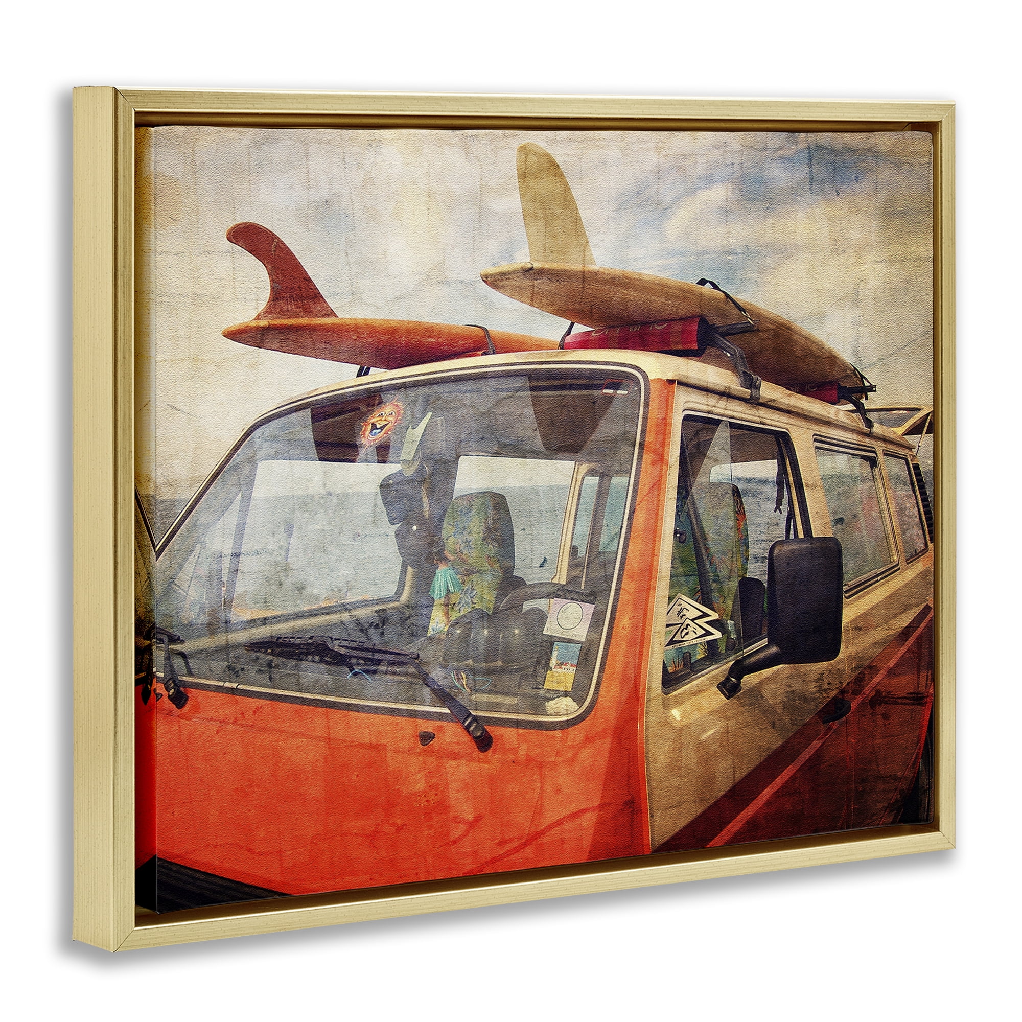 Stupell Industries Surf Bus Vintage Distressed Gold Framed Floater Canvas Wall Art, design by Grotto Studios