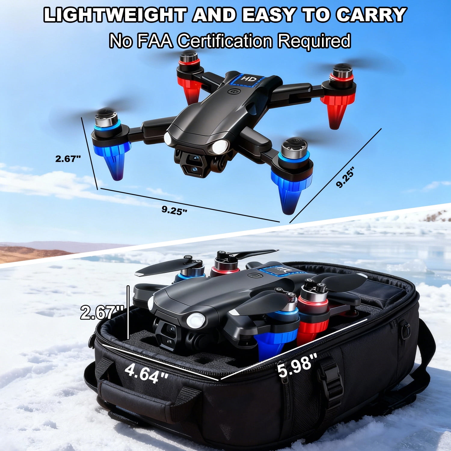 Drone with 1080P Camera Screen Remote Control, RGB LED Light FPV Drone Quadcopter for Adults Beginners, Headless Mode Altitude Hold Optical Flow, 2 Batteries