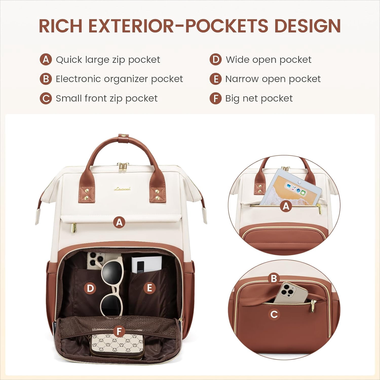 LOVEVOOK Leather Laptop Backpack for Women, 17 inch Professional Work & Travel Bag, Brown