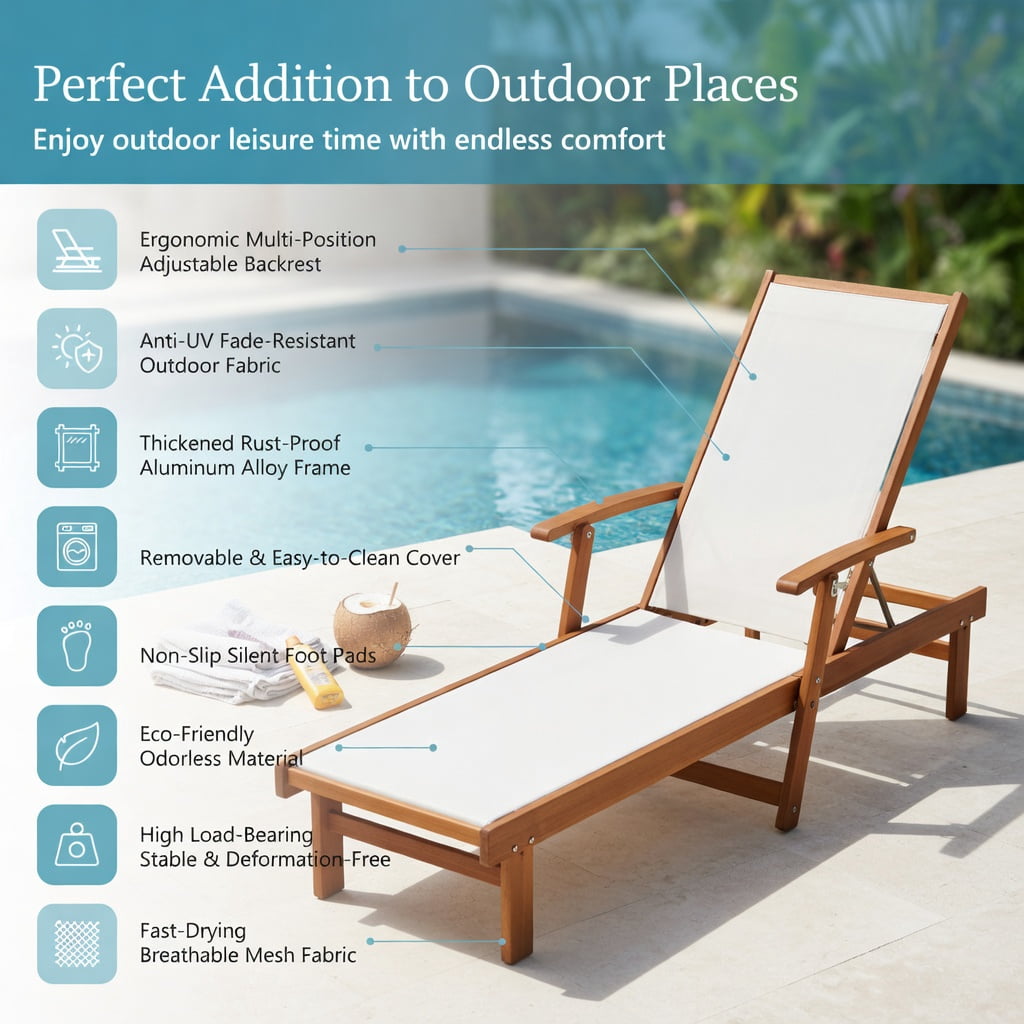 Hommoo Outdoor Teak & White Eucalyptus Wood Chaise Lounge Chair with 5-Position Adjustable Backrest, Breathable Fabric, Heavy-Duty Steel Frame, Poolside & Garden Use, White